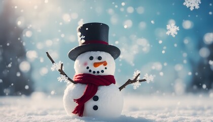 Fototapeta premium A close-up of a snowman's face with a carrot nose, pebble eyes, and a big smile, with soft snowflakes falling gently around it