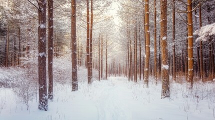 Naklejka premium Serene Snow-Covered Forest Landscape for Winter Wonderland Scenes Generative AI