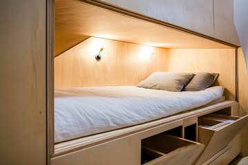 Built in bed with storage drawers and warm lighting