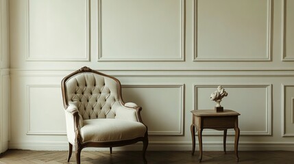 A vintage chair and table reside in a tastefully decorated room.