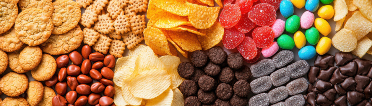 Sweets snacks junk diet food concept. Assorted colorful snacks and candies
