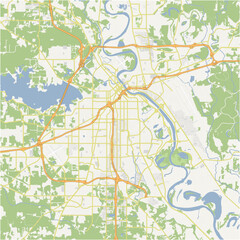 Map of Shreveport in Louisiana in a normal road map style. Contains layered vector with roads water, parks, etc.