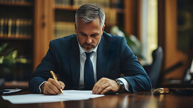 A Businessman in a Blue Suit Carefully Signs Important Documents with a Gold Pen in an Office Setting