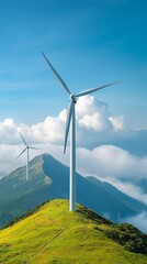 Renewable energy turbines generating power on mountain ridge breathtaking landscape nature green energy concept