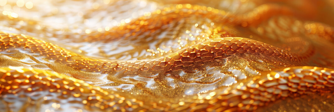 A macro view of golden scales with intricate textures and glossy reflections, resembling a luxurious, snake-like pattern.