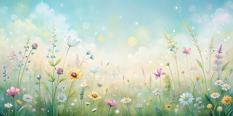 Obraz premium Serene Meadow Landscape A Whimsical Illustration of Delicate Wildflowers Under a Pastel Sky