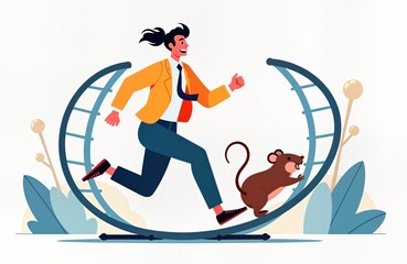 Businessman runs tirelessly in hamster wheel. Stressed by constant competition, rat race. Illustration highlights relentless nature of work, feeling of trapped in cycle of routine. Small brown mouse