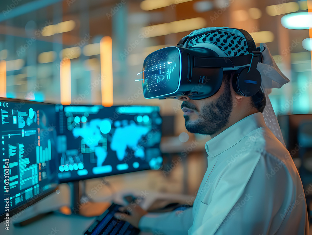 Poster a man wearing vr headset analyzes data on multiple monitors in modern office setting