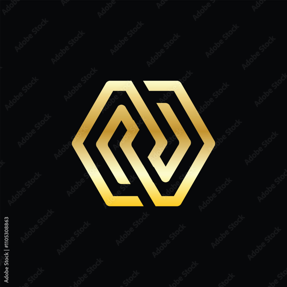 Poster this is an abstract geometric logo of monogram n in hexagonal shape in gold color on a black backgro