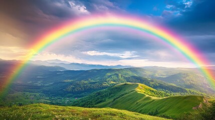 Vibrant Rainbow Over Rolling Green Hills After Light Rain, Symbolizing Hope and Serenity for Nature Lovers and Travelers Generative AI