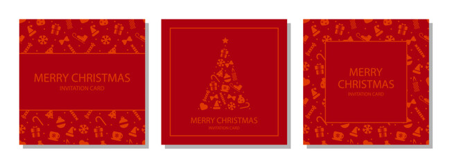 Christmas and New Year Greeting Cards. Greeting card, social media poster, party invitation card, website banner. Christmas cards with golden baubles, ornaments. Luxury vector cards in red colors
