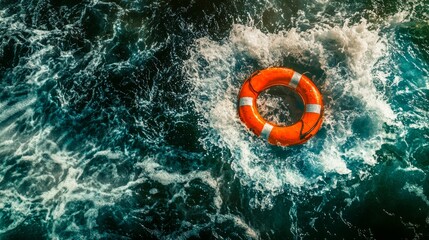 Bright lifebuoy centered among swirling ocean waves in motion.