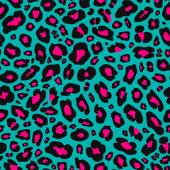 vibrant seamless leopard print pattern featuring black and pink spots on a turquoise background, creating a bold and trendy design perfect for fashion and textile applications