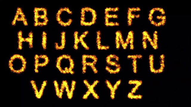 English alphabets with fire effect on plain black background