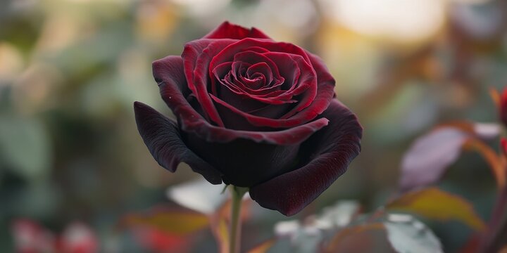 Stunning red rose flower exemplifying the beauty of the Black Baccara variety, showcasing its velvety petals and deep color. Ideal for conveying romance and elegance, this rose flower captivates.