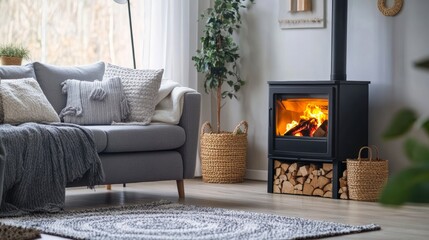 A snug living room featuring a lit stove and comfy sofa.