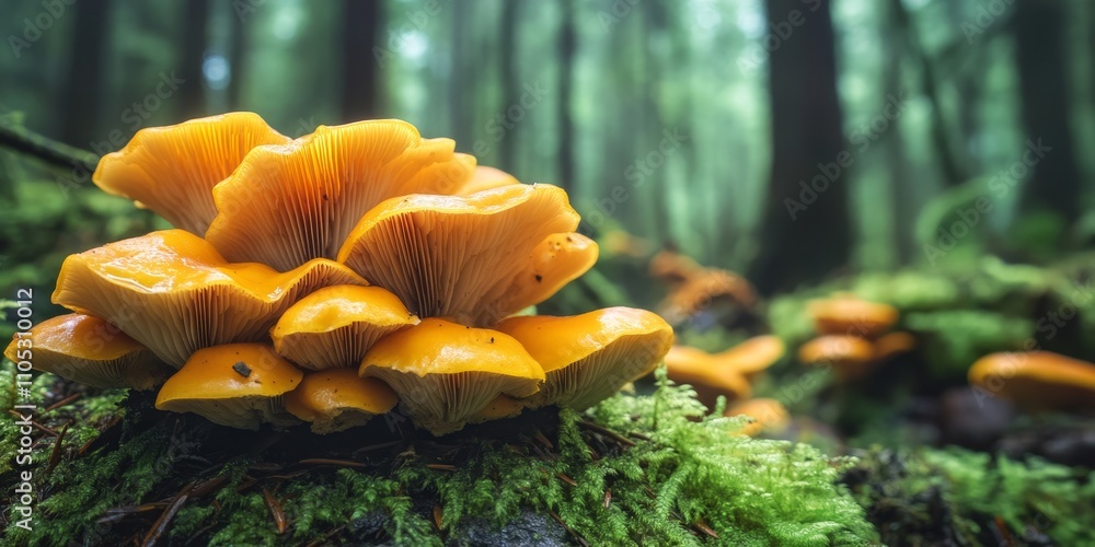Poster cluster of jack o lantern mushrooms found on the forest floor, showcasing the unique features of jac