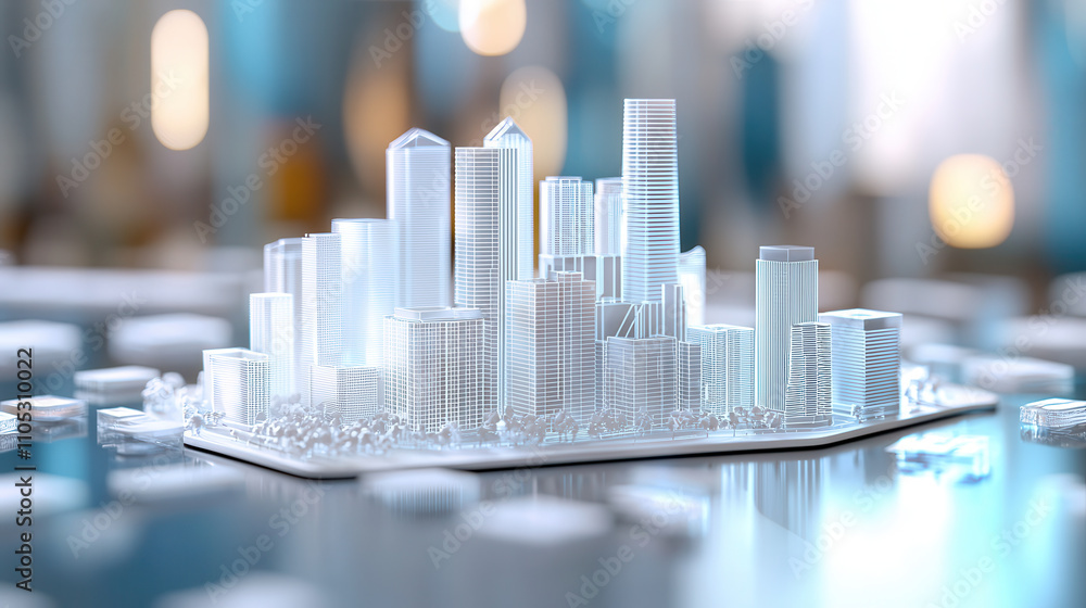 Poster 3d architectural model of modern city skyline displayed on table, showcasing intricate details and f