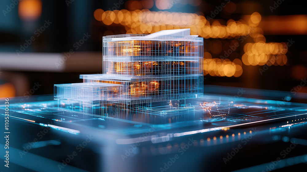 Poster 3d architectural model displayed with glowing elements and modern design, showcasing intricate detai