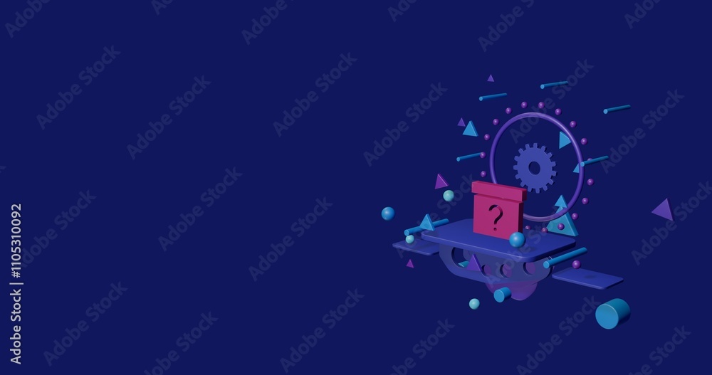 Poster pink gift box with a question symbol on a pedestal of abstract geometric shapes floating in the air.
