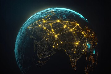 Global network illustration shows glowing planet with interconnected cities. Yellow network lines connect urban areas. Modern tech concept. International communication. Global business. Futuristic