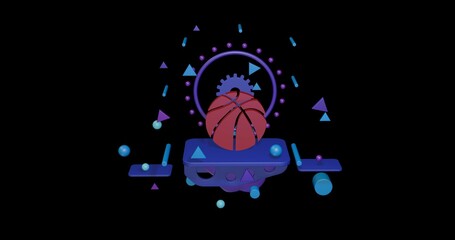 Red basketball symbol on a pedestal of abstract geometric shapes floating in the air. Abstract concept art with flying shapes in the center. 3d illustration on black background