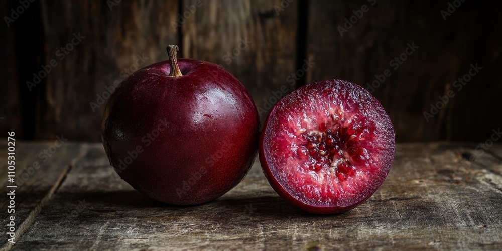Poster a whole grenadine and a half grenadine displayed beautifully on a rustic wooden table, showcasing th