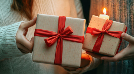 Gifts exchanged by couple with candlelight ambiance, creating warmth