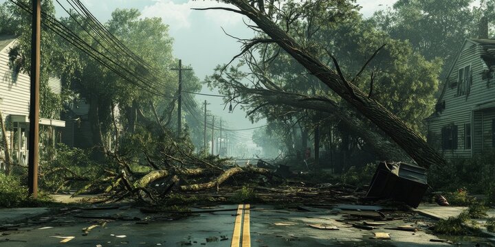 Downed trees and electric wires are strewn across a residential street after a tropical storm, showcasing the impact of the storm on the local environment and infrastructure.
