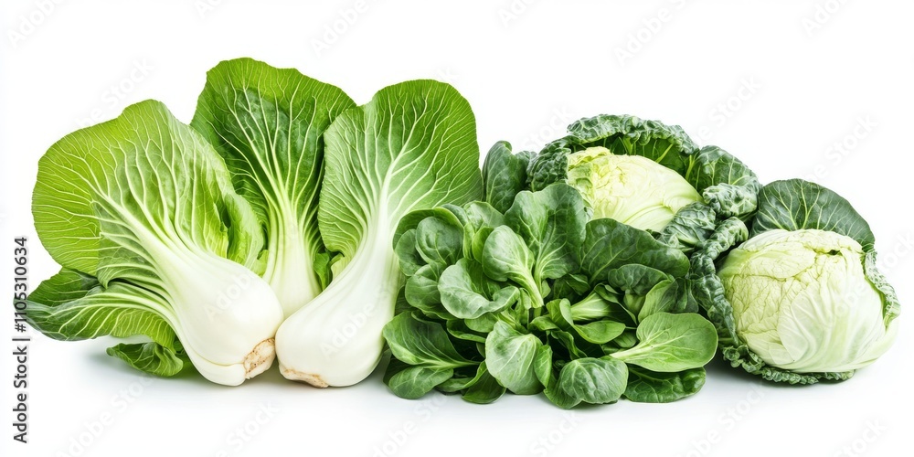 Poster fresh bok choy and cabbage displayed in isolation on a white background, showcasing the vibrant fres