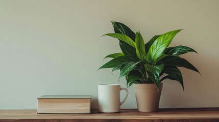 A book, mug, and potted plant rest together on a wooden shelf.