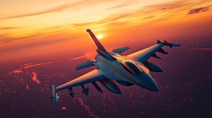 flying over the cities at sunset jet fighter f16 with great speed