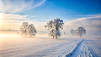 Serene winter landscape with frosty trees and a snow-covered path at sunrise