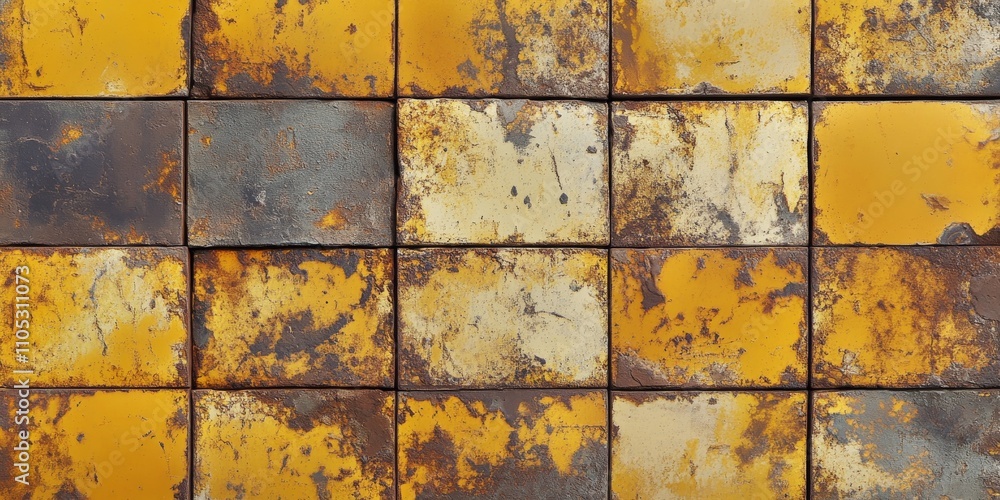 Poster Rusty yellow building tiles texture showcases a unique, weathered appearance. This rusty yellow building tiles texture adds character and depth to any design project or artistic creation.