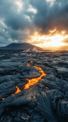 Stunning volcanic landscape featuring flowing lava beneath a dramatic sky, showcasing nature's raw power and beauty.