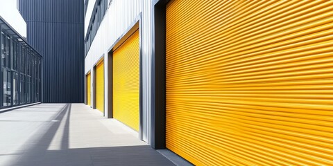 Fototapeta premium Yellow slide doors feature a unique roller shutter texture that enhances both functionality and aesthetic appeal. The vibrant yellow hue of the slide doors adds a stylish touch to any setting.