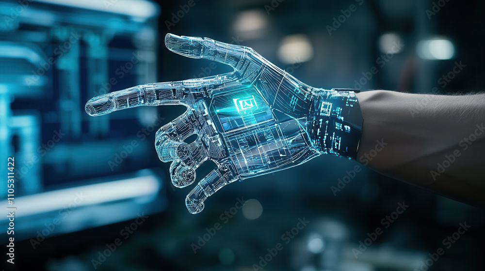 Poster cybernetic arm prototype is being tested in futuristic lab environment, showcasing advanced technolo