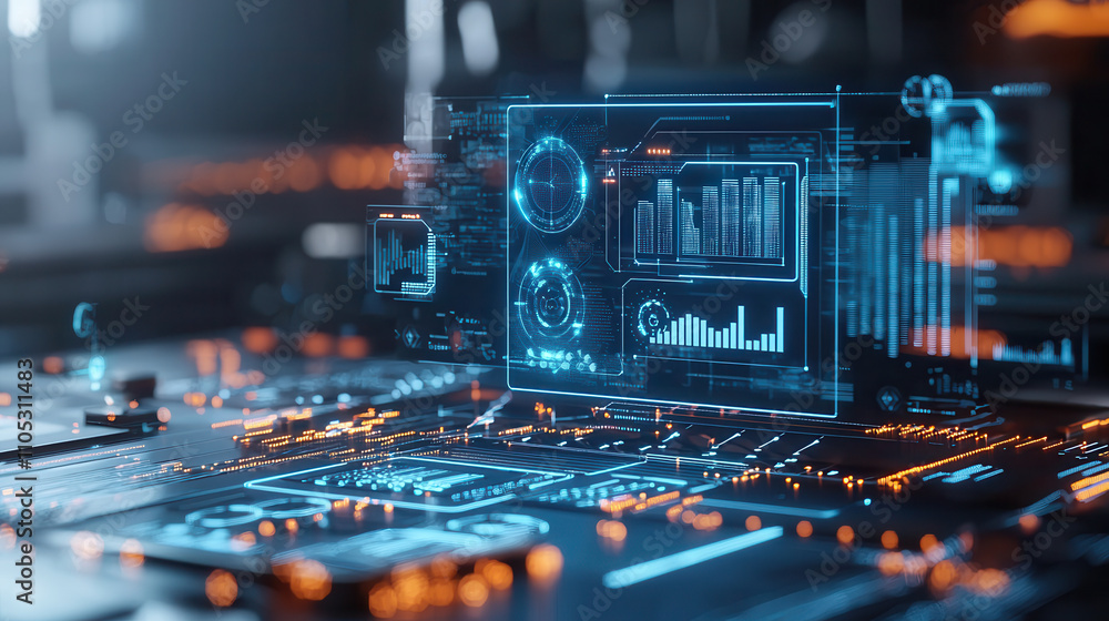 Poster futuristic digital interface with glowing data displays and circuit patterns, showcasing advanced technology and cybernetic elements