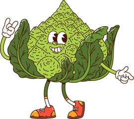 Cartoon groovy Romanesco cabbage vegetable character. Vector cheerful and quirky fresh veggie, healthy farm food personage with happy expression, wearing vintage sneakers, exudes funky and retro vibe