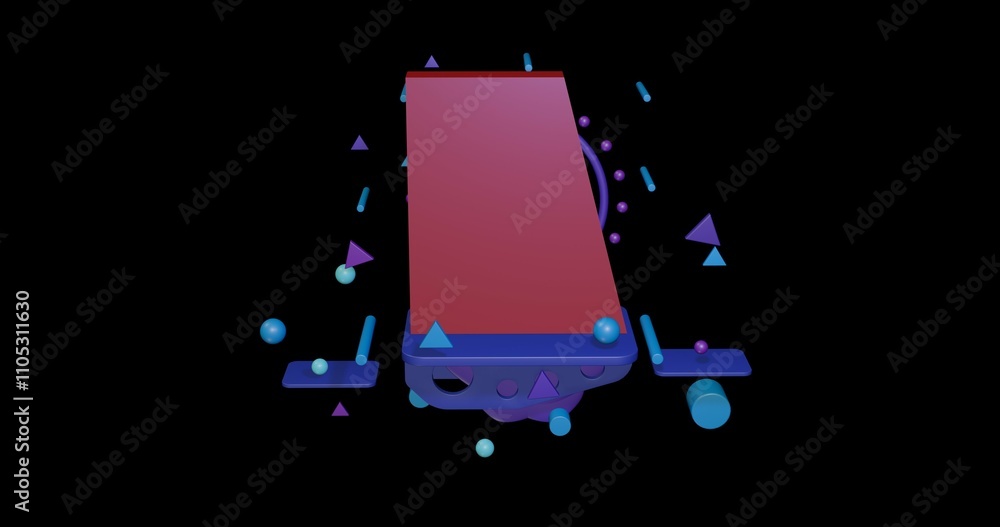Poster red trapezium symbol on a pedestal of abstract geometric shapes floating in the air. abstract concep