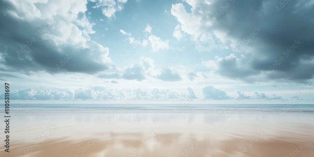 Aufkleber vast empty sand beach under a stunning cloudy sky creates a tranquil scene. this serene landscape of