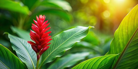 Vibrant Red Ginger Flower Blossom in Lush Green Foliage Bathed in Sunlight