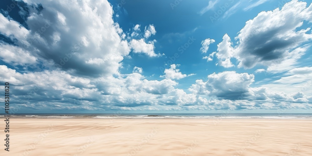 Aufkleber vast empty sand beach under a stunning cloudy sky creates a tranquil scene. this serene landscape of