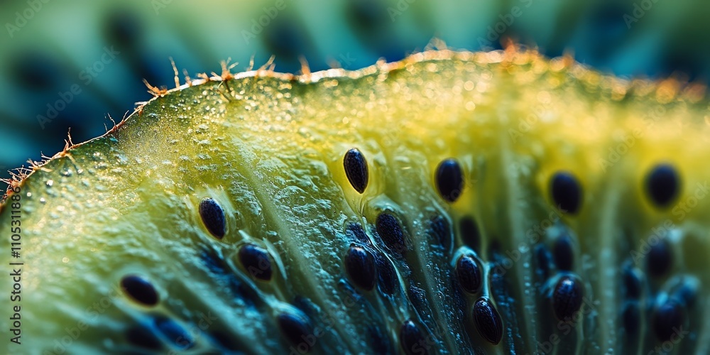 Poster close up shot showcasing the vibrant details of kiwi fruit, highlighting the unique texture and colo