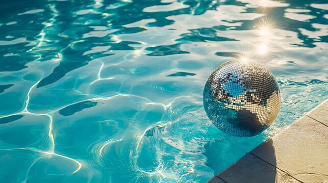 A disco ball shines in the sunlight beside a relaxing poolside.