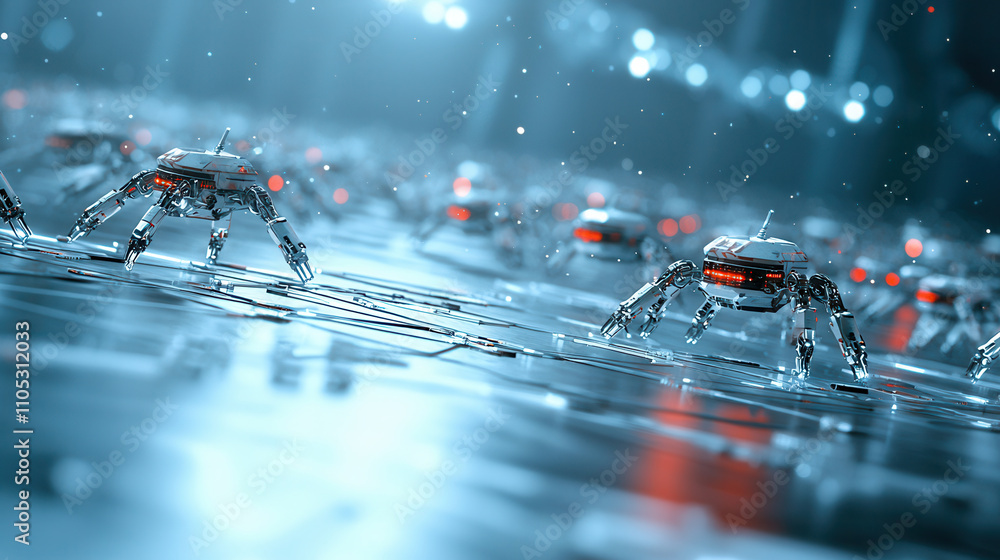 Poster futuristic scene featuring robotic creatures navigating high tech environment, showcasing advanced t