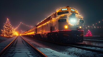 Obraz premium Streamlined diesel train with Christmas decorations, vibrant lights and festive garlands.