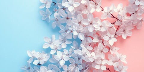 Fototapeta premium Pink and blue background adorned with white flowers creates a stunning visual. This pink blue background featuring white flowers brings a fresh and vibrant feel to any design.