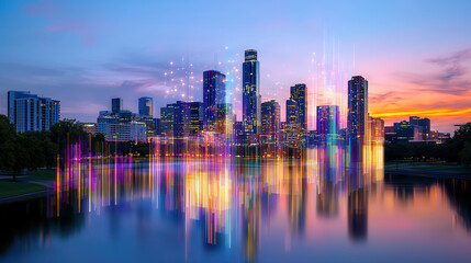 Fototapeta premium dynamic city skyline with futuristic holographic effect reflecting on water, showcasing vibrant colors and modern architecture at sunset
