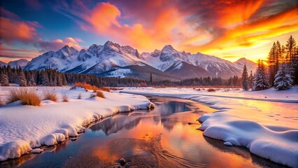 Serene Winter Sunset Over Majestic Snow-Covered Mountains and a Tranquil River